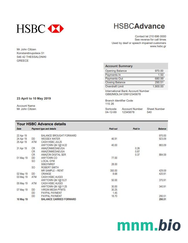 Grecja wyciąg bankowy HSBC łatwy do wypełnienia szablon w formacie Excel i PDF